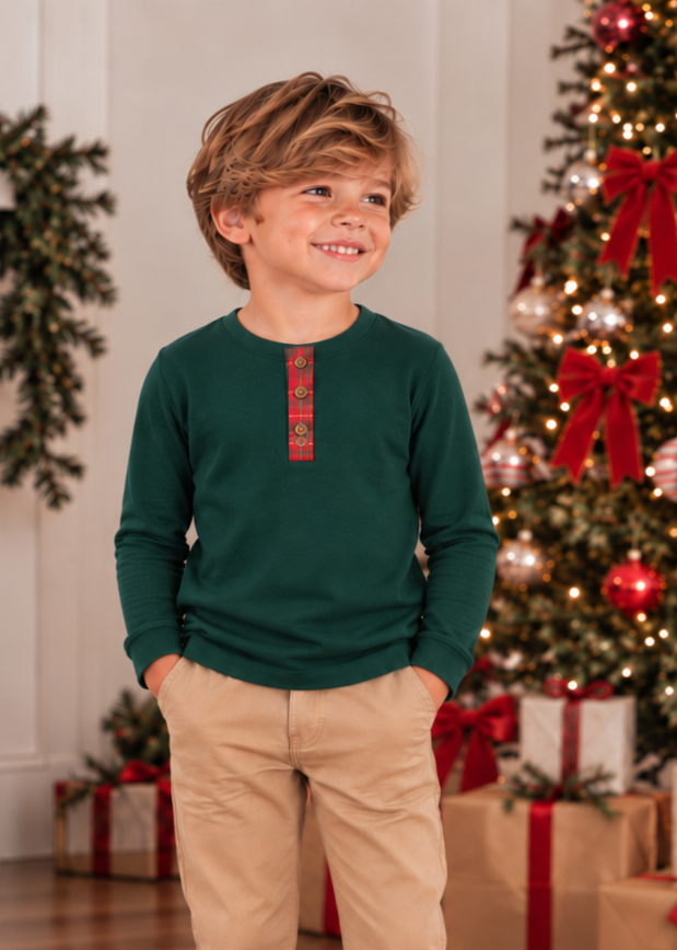 Yuletide Plaid Boys Henley Long Sleeve Tee *Pre-Order*