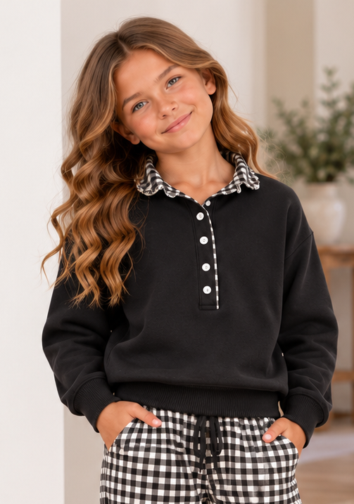 Pullover Gingham Accent Sweatshirt *Pre-Order*