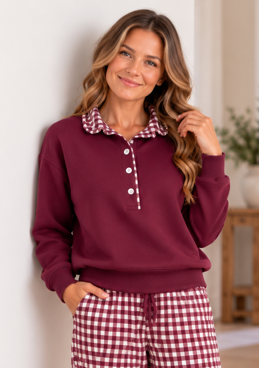 Pullover Gingham Accent Sweatshirt *Pre-Order*